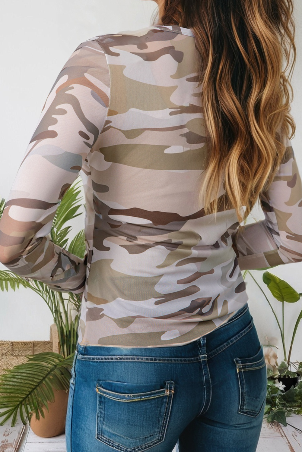 Camouflage Print Mesh Long Sleeve Top