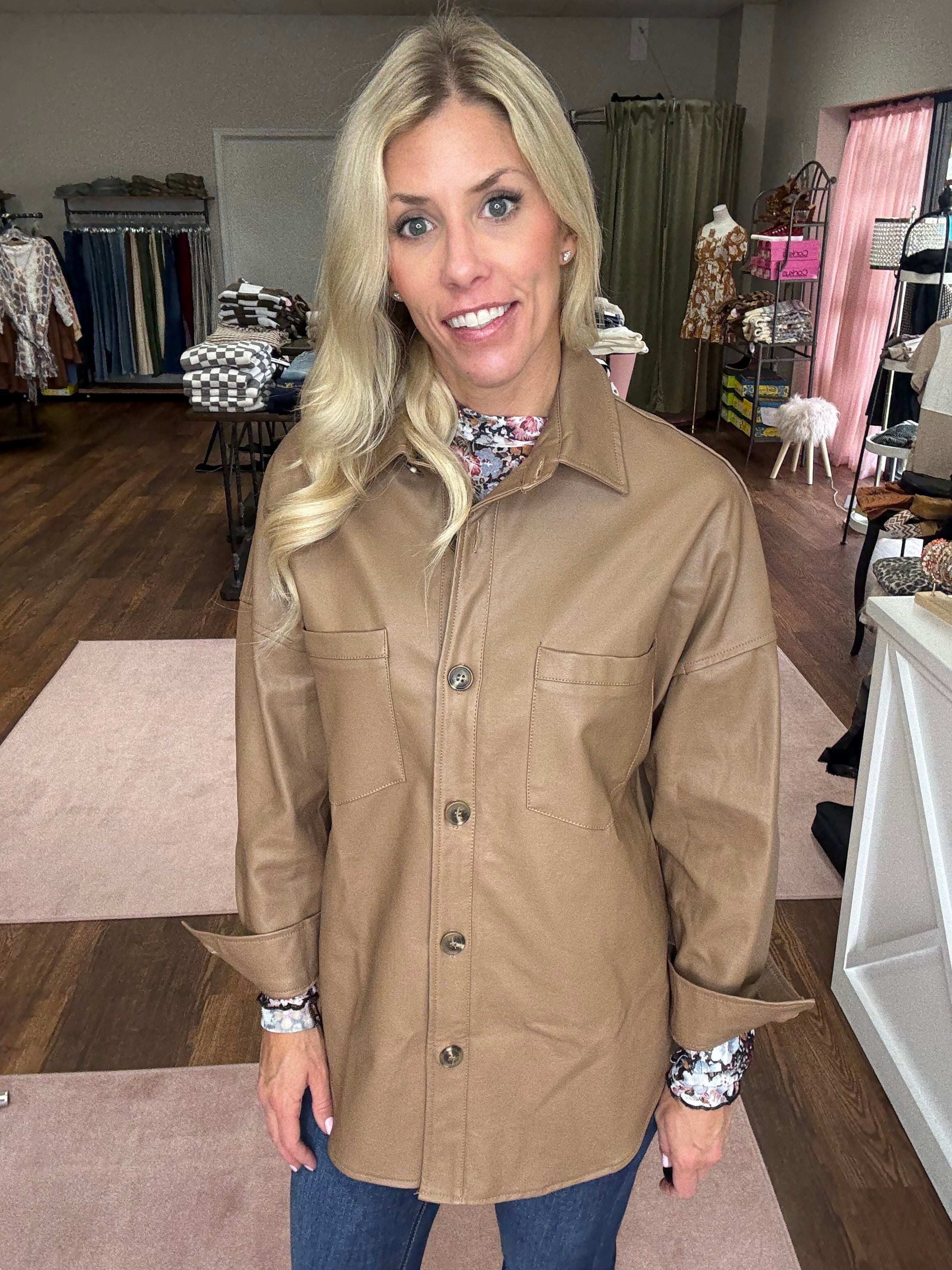 Faux Leather Button Down Shirt