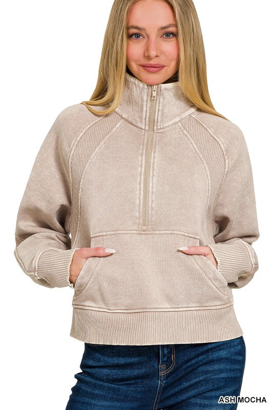 Curvy Fleece Half Zip- Acid Washed