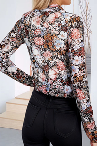 Floral Long Sleeve High Neck Sheath Mesh Blouse