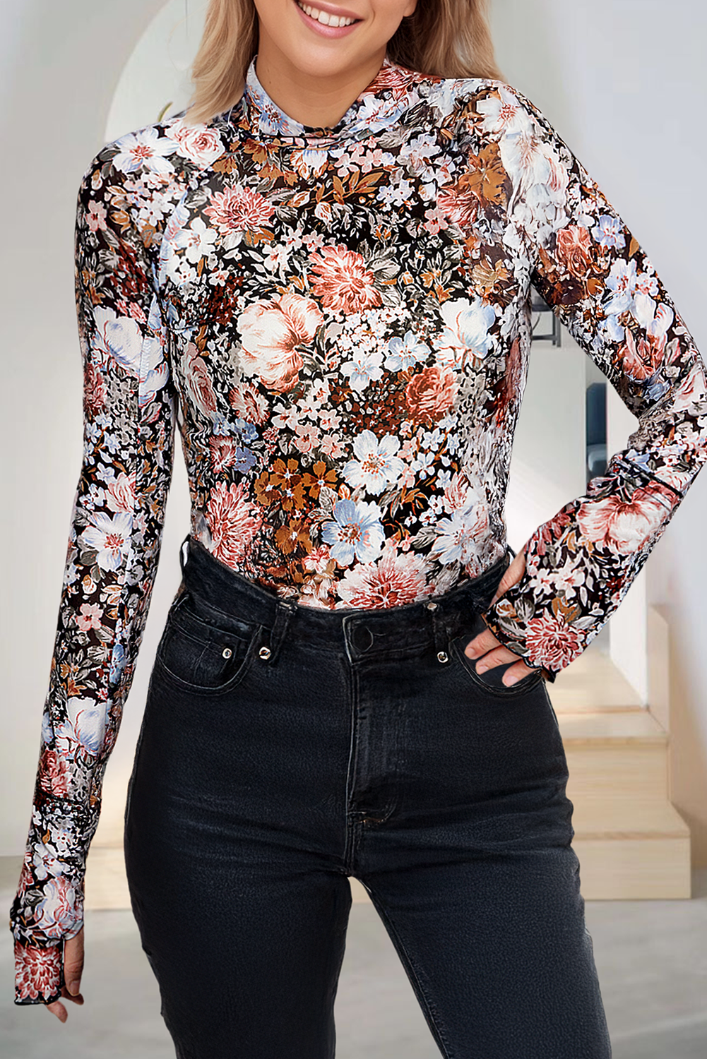 Floral Long Sleeve High Neck Sheath Mesh Blouse