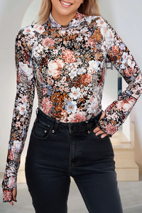 Floral Long Sleeve High Neck Sheath Mesh Blouse